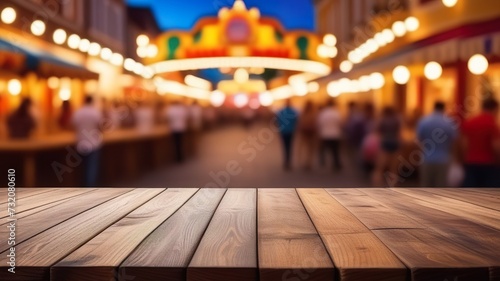 Empty wooden table top with blur background of festive fair carnival. Generated with AI