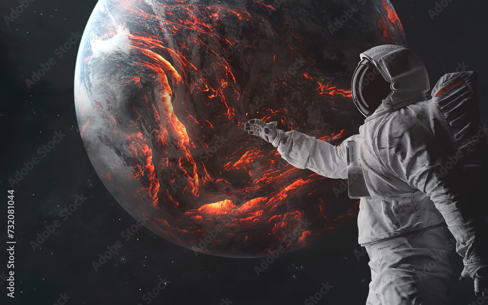 3D illustration of An astronaut watches as the entire planet Earth burns in fire, lava covers the entire surface. High quality digital space art in 5K - ultra realistic visualization.