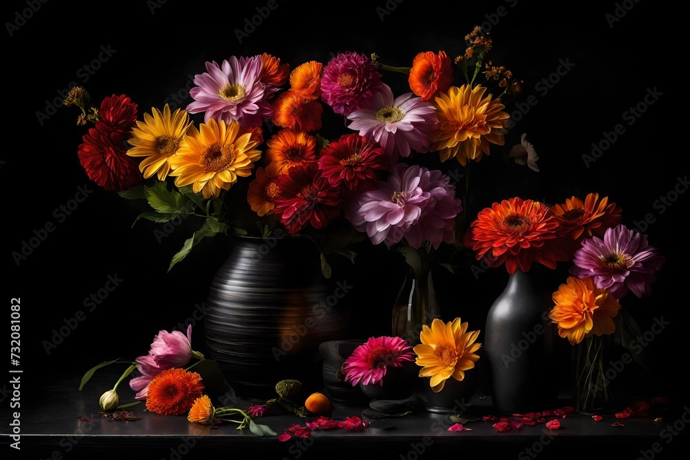 A Captivating Presentation of Lively Flowers Arranged upon a Table, Their Vibrant Hues Illuminating the Solid Black Backdrop. Each Petal and Stem Immortalized in Exquisite Detail by the Precision of a