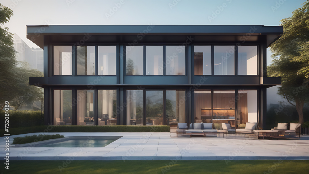 Architectural design plan of a guest house shot from outside, large steel windows with a view of the city Architectural design plan of a guest house shot from outside, large steel windows with a view of the city