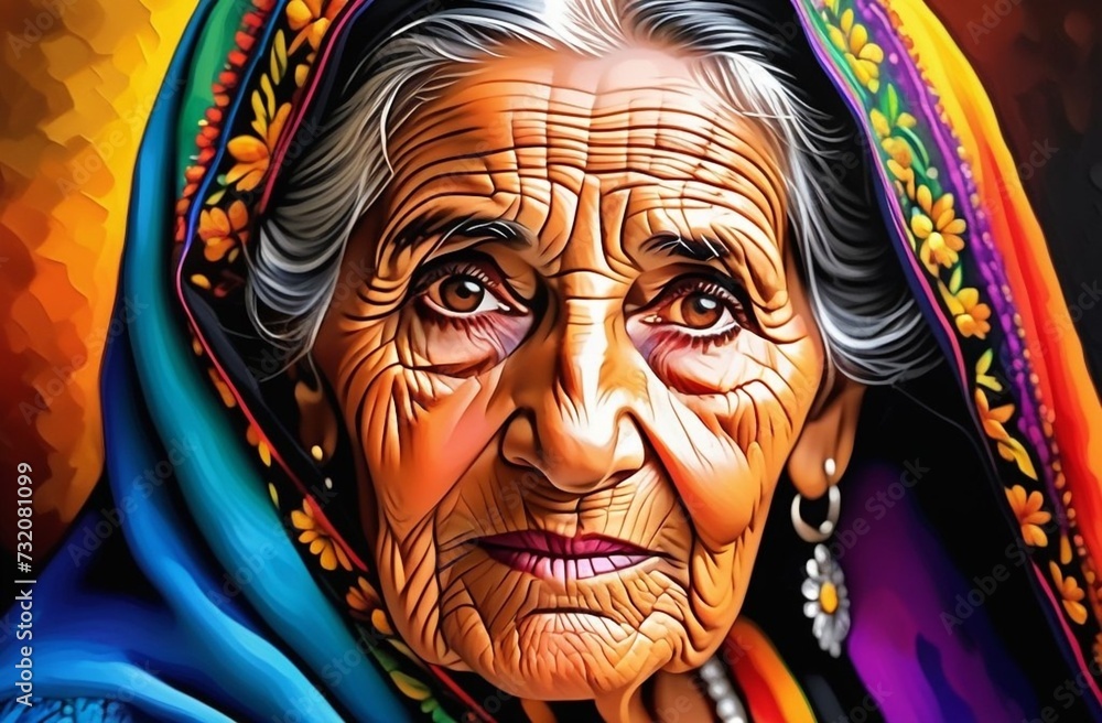 An impressionistic painting style depicting the natural beauty of a Mexican elderly woman, still with a beautiful well-defined face, bright and kind eyes An impressionistic painting style depicting the natural beauty of a Mexican elderly woman, still with a beautiful well-defined face, bright and kind eyes