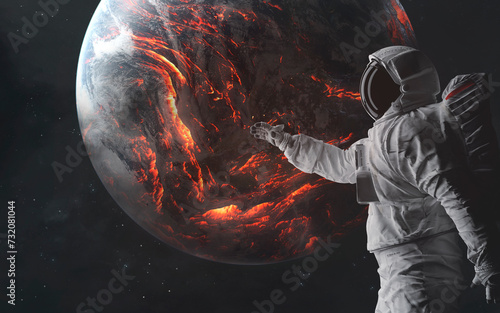 Obraz na płótnie 3D illustration of An astronaut watches as the entire planet Earth burns in fire, lava covers the entire surface. High quality digital space art in 5K - ultra realistic visualization. w salonie