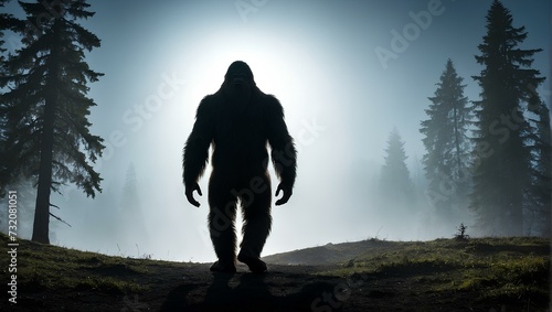 Silhouette of Bigfoot in the forest photo
