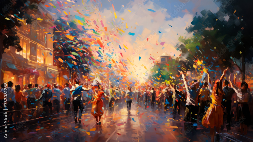 A dynamic artwork of a crowded street celebration, with confetti flying and people joyfully raising their hands, conveys a feeling of excitement and community in a festive atmosphere.
