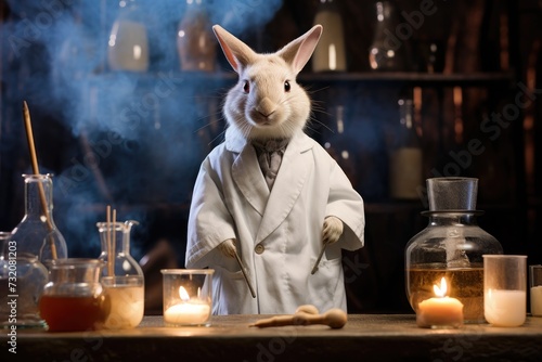 A rabbit dressed as a scientist in a lab coat. Generative AI.
