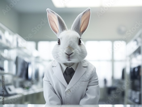 A white rabbit wearing a suit and tie. Generative AI.