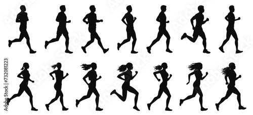 Running men and women black silhouettes. Isolated runners on white, sports champion silhouette set, healthy sporting marathon male and female outlines
