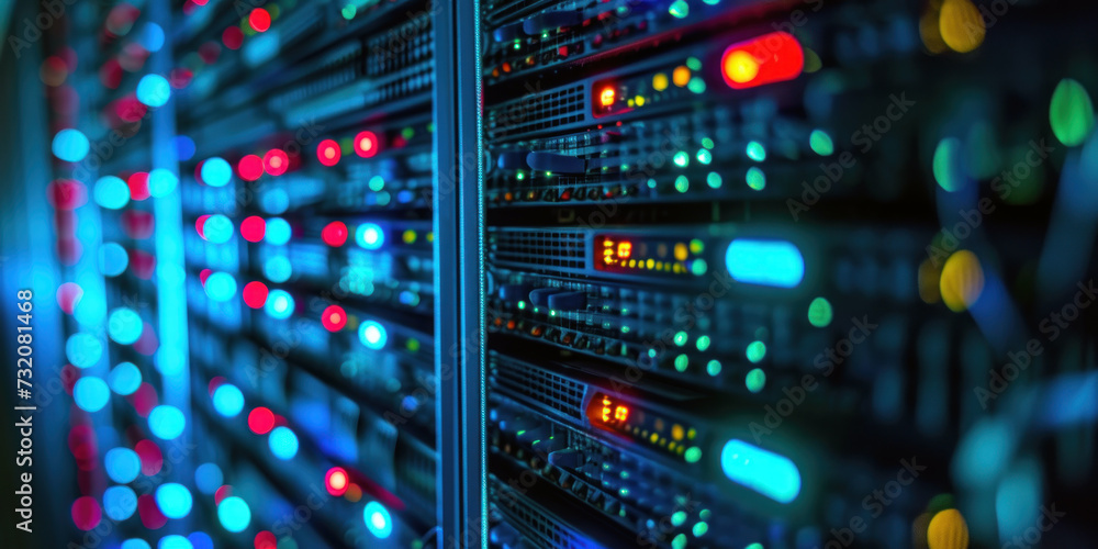 Futuristic data center. Rows of server racks with illuminated blue lights. Concept of data processing - obrazy, fototapety, plakaty 