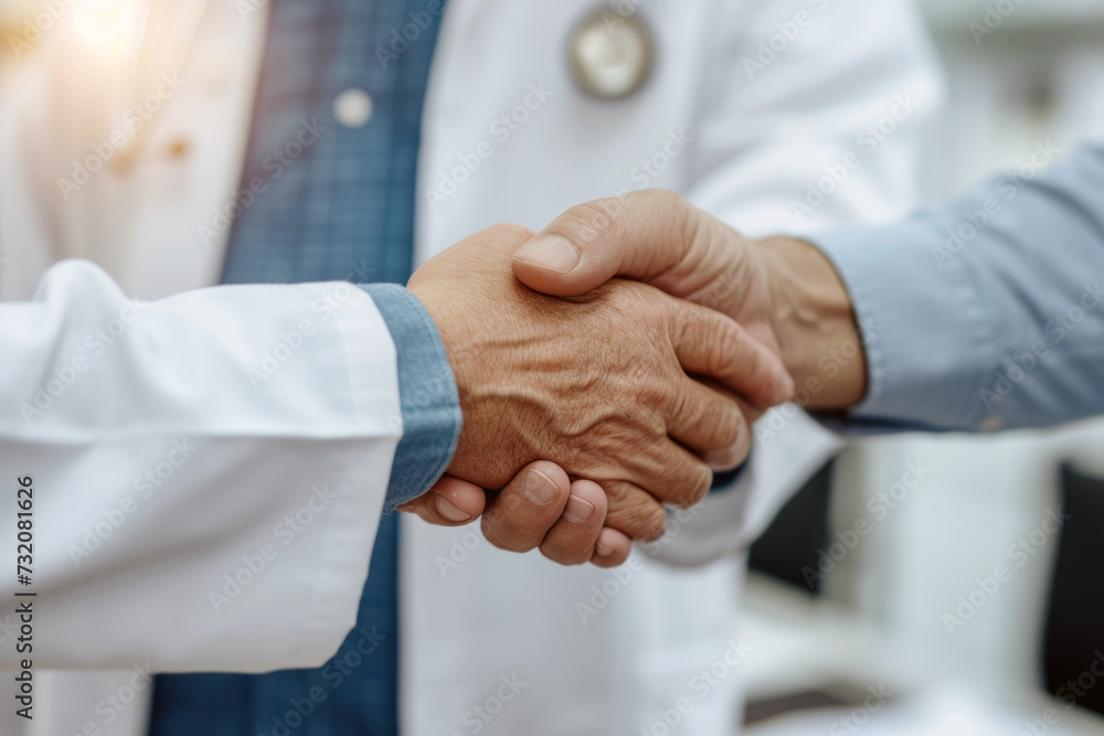 Two doctors shake hands. Agreement, partnership or professional relationship against a blurred background Two doctors shake hands. Agreement, partnership or professional relationship against a blurred background