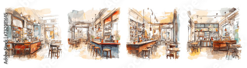 Sketch coffee shop interior. Watercolor cafe or bar inside. Interiors design, wooden and metal furniture, decorative elements. Vector illustration
