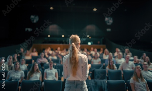 Backview of blonde female long hair with ponytail motivational speaker or coach in front of her conference meeting women female audience half turned with microphone in her hand