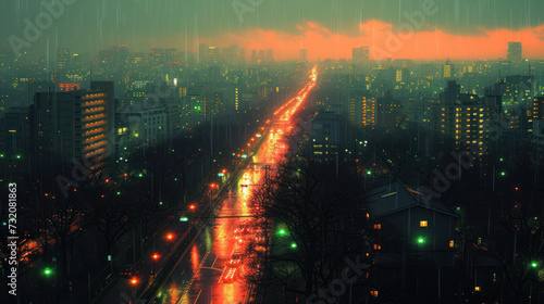 Panorama in heavy rain and gloomy clouds of a modern and urban city in Japan and its central boulevard with frequent traffic