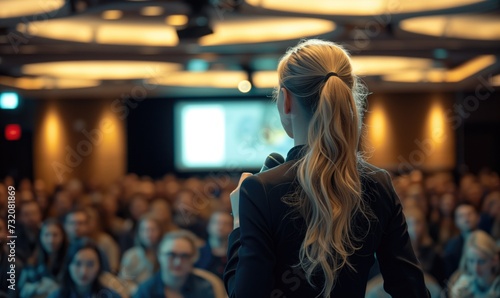 Backview of blonde female long hair with ponytail motivational speaker or coach in front of her conference meeting audience half turned with microphone in her hand photo