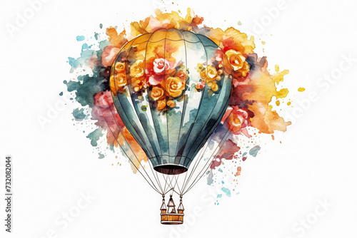 hot air balloon adorned with floral designs, floating gracefully in the sky
