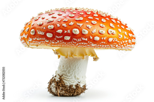 Close-Up of a Amanita Mushroom on a White Background A detailed view of a mushroom showcasing its unique texture and color, captured against a clean white background.