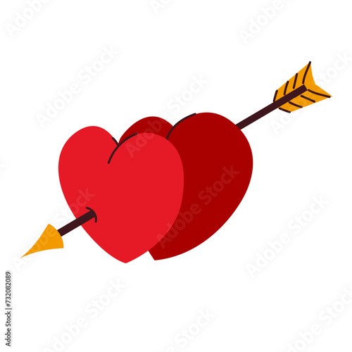 Cute hearts pierced by cupid's arrow. Hearts in hand drawn style. Romantic illustration. Vector illustration with white isolated background. 