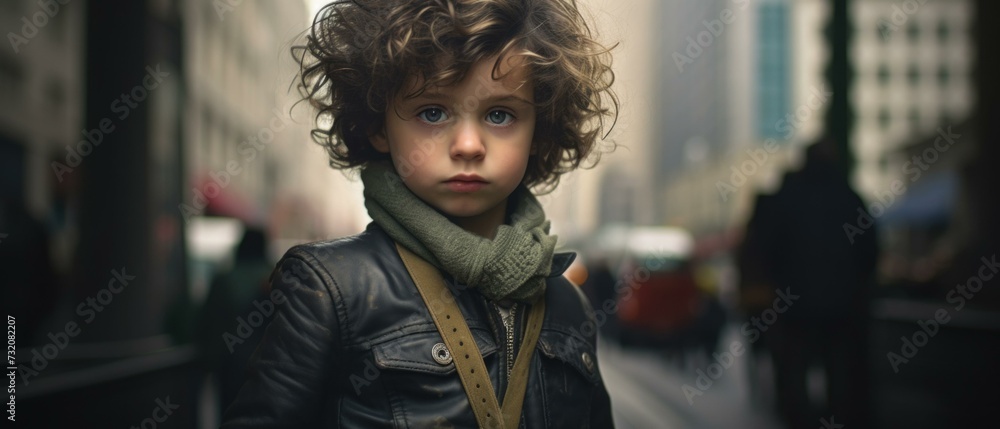 Fototapeta premium A young boy with curly hair and a leather jacket. Generative AI.
