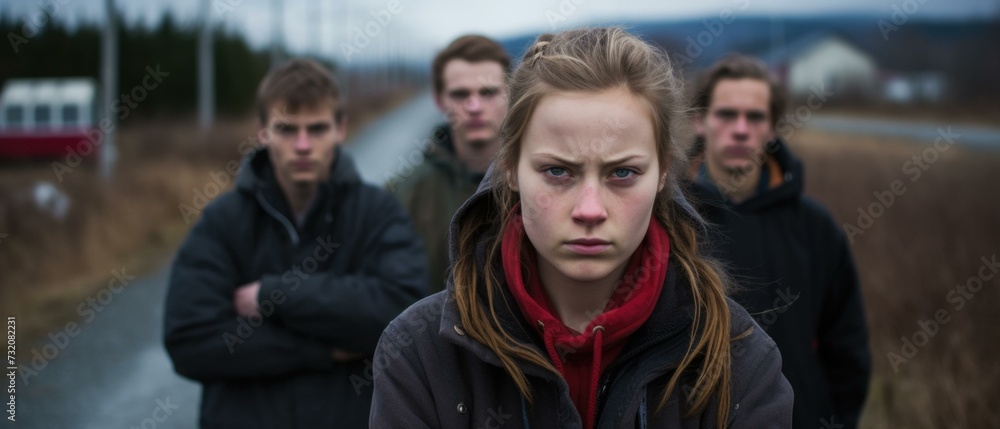 A group of young people standing on a road. Generative AI. A group of young people standing on a road. Generative AI.