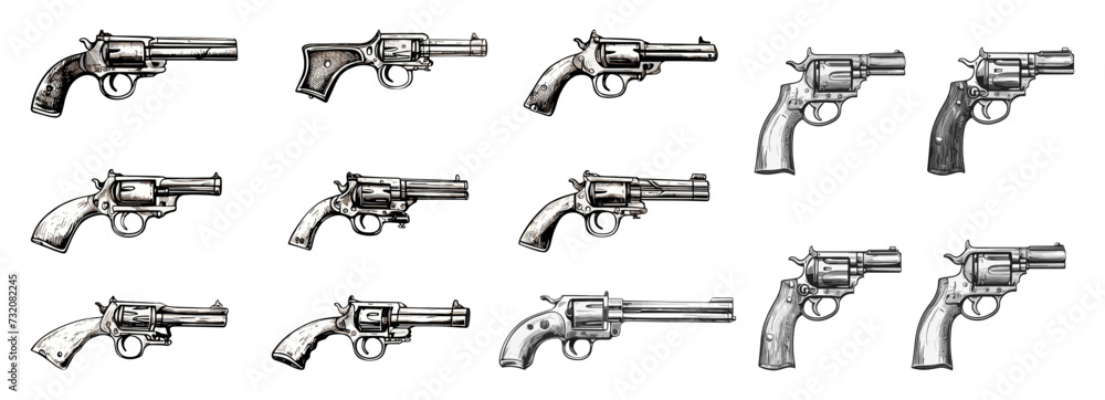 Vintage guns sketch objects. Isolated gun, revolver, colt. Wild west cowboy weapons collection. Self-defense and crime, retro decorative vector elements - obrazy, fototapety, plakaty 