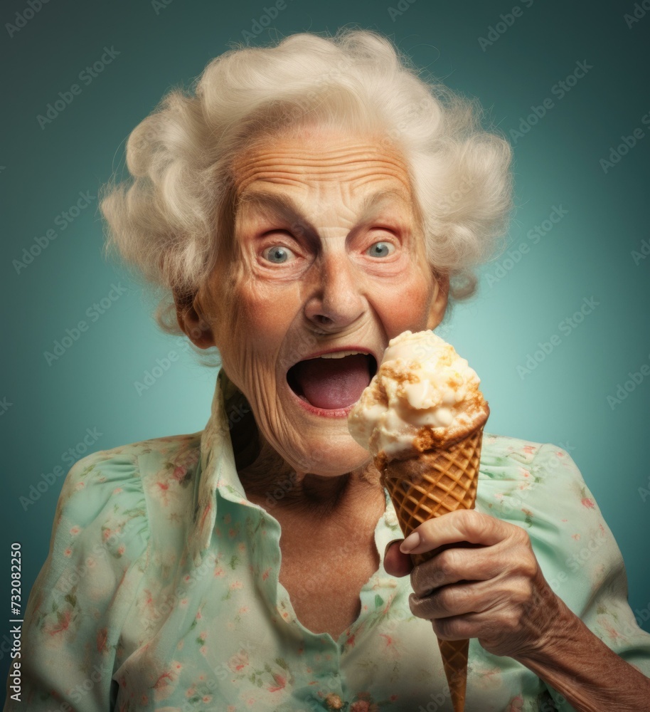 An old woman holding an ice cream cone. Generative AI. An old woman holding an ice cream cone. Generative AI.