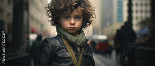 A young boy with curly hair and a leather jacket. Generative AI.