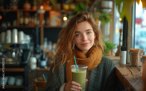 a woman holding a smoothie sitting in a cafe