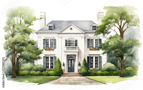 Watercolor illustration of luxury house in suburban photo