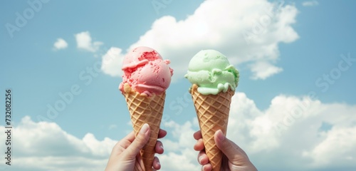 Two hands holding two ice cream cones with different colors. Generative AI.