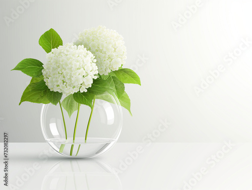 Fleurs sur fond blanc : vision minimaliste d'un hortensia dans un vase en verre rond