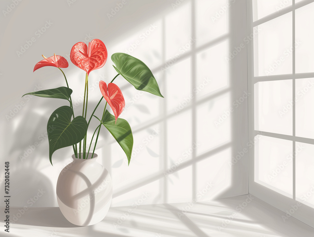 Fototapeta premium Fleurs sur fond blanc : vision minimaliste d'anthurium