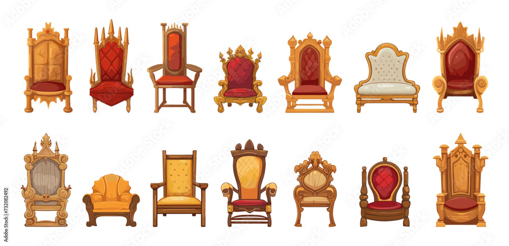 Wooden royal thrones. Isolated throne and chair with red fabric. Chairs for queen and king, princess or prince. Kingdom palace furniture vector set Wooden royal thrones. Isolated throne and chair with red fabric. Chairs for queen and king, princess or prince. Kingdom palace furniture vector set