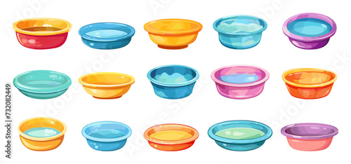 Washing basins cartoon set. Isolated basin empty and with water. equipment for wash and clean, plastic bathroom tools vector set
