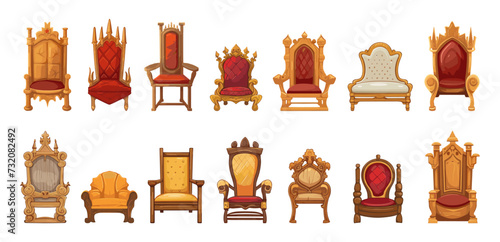 Wooden royal thrones. Isolated throne and chair with red fabric. Chairs for queen and king, princess or prince. Kingdom palace furniture vector set photo