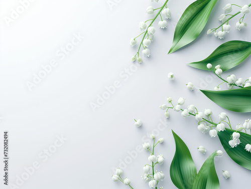 Fleurs sur fond blanc : vision minimaliste d'une plusieurs brins de muguet photo