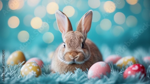Clean and understated image of a bunny surrounded by Easter eggs for charming greeting cards