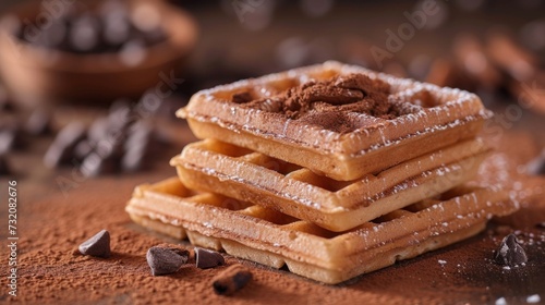 Subtle depiction of mouthwatering Belgian waffles dusted with cocoa powder.