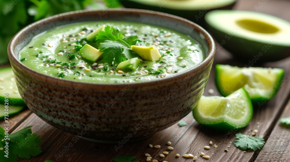 Clean and crisp image capturing the beauty of avocado gazpacho garnished with cilantro Clean and crisp image capturing the beauty of avocado gazpacho garnished with cilantro