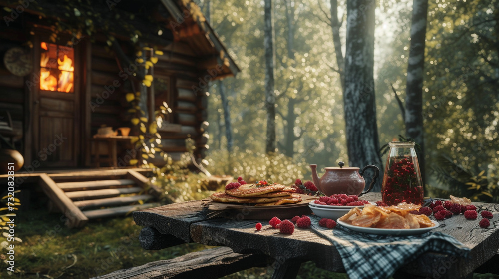 A cozy cabin in the heart of a dense forest, with a beautiful child sitting at a rough-hewn table, their eyes bright with excitement as they enjoy a rustic breakfast of campfire-co
