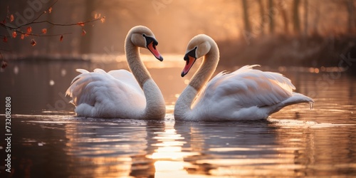 Two swans at sunrise or sunset, photo for poster. Romantic photo for Valentine's Day. Generative AI