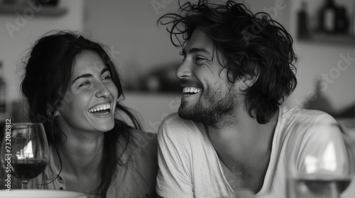 Minimalist snapshot illustrating the pure joy and delight of a laughing coupl...