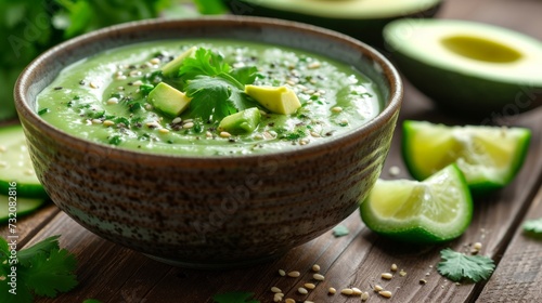 Clean and crisp image capturing the beauty of avocado gazpacho garnished with cilantro