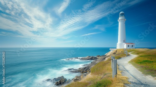 Clean and elegant composition offering a picturesque view of a lighthouse aga...