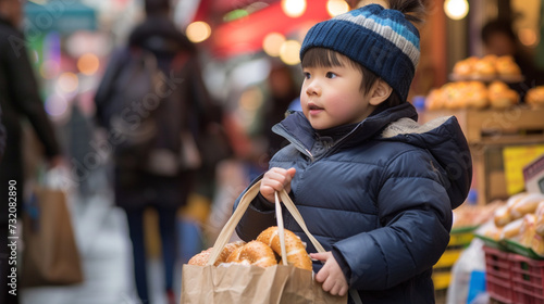 A vibrant city market bustling with activity, with a beautiful child weaving through the crowd, their hands clutching a paper bag filled with warm bagels, smoked salmon, and cream