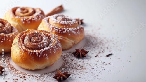 Minimalist photo featuring delectable cinnamon buns with a sprinkle of aromat...