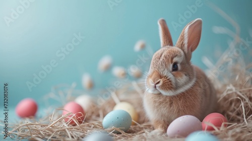 Clean and understated image of a bunny surrounded by Easter eggs for charming...