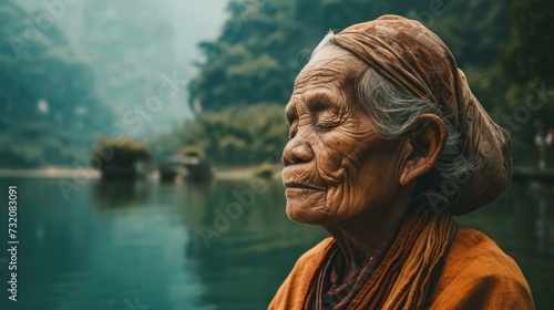 An elderly woman with her eyes closed by the water. Generative AI. © Natalia