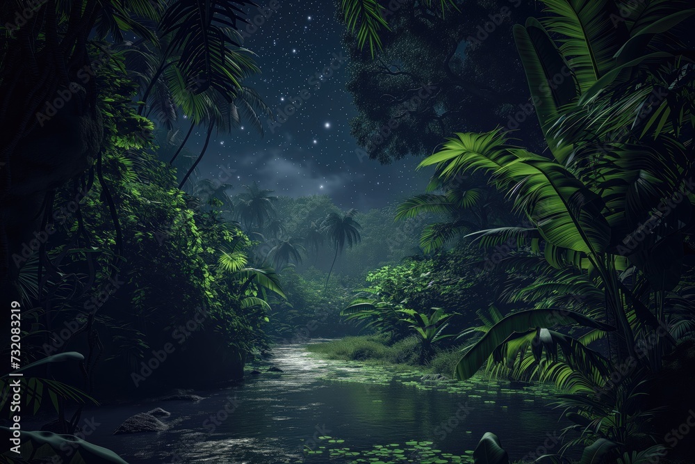Photo of a jungle with a river during a dark gloomy night with stars Photo of a jungle with a river during a dark gloomy night with stars