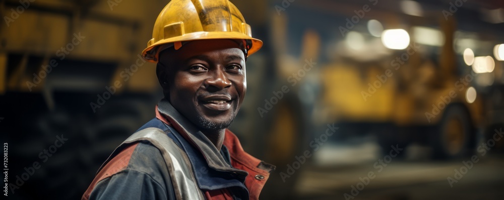 A smiling African man miner stands next to a large haul truck in his safety gear, arms folded. A smiling African man miner stands next to a large haul truck in his safety gear, arms folded.