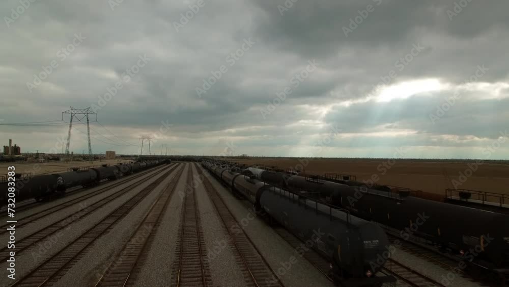 Aerial Forward Shot Of Railways On Railroad Tracks In Rail Yard Under Cloudy Sky - Bakersfield, California Aerial Forward Shot Of Railways On Railroad Tracks In Rail Yard Under Cloudy Sky - Bakersfield, California