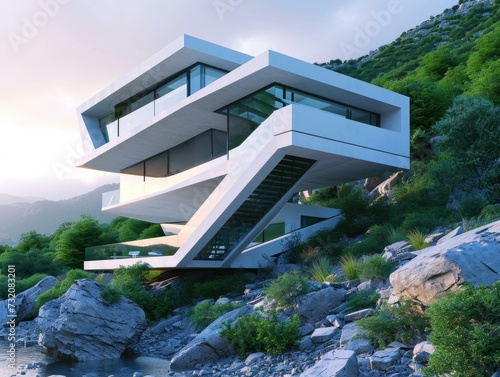 Modern house on the side of a mountain. Generative AI.